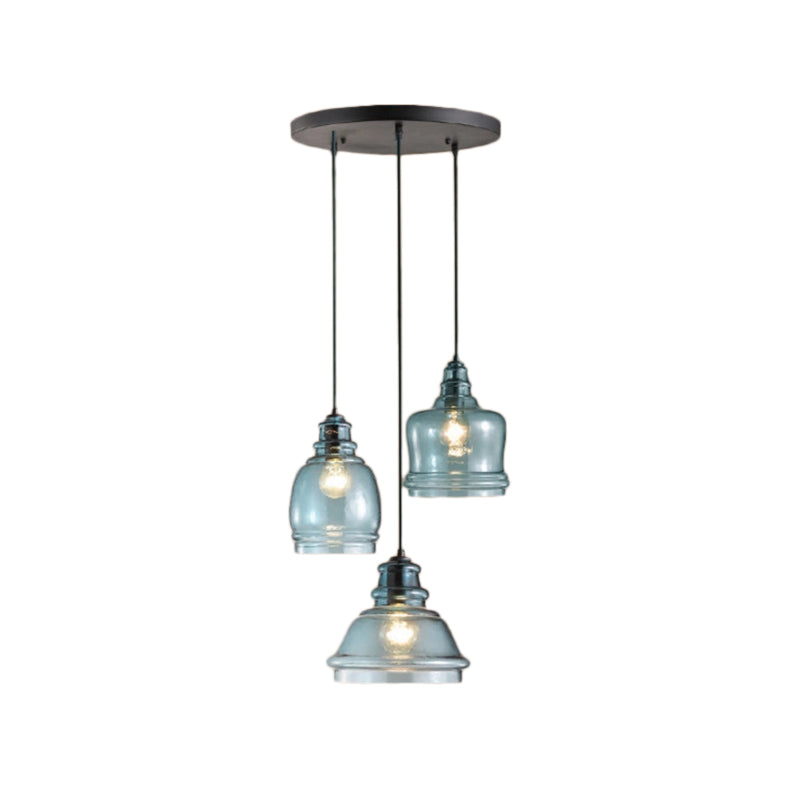3 Lights Multi Pendant with Different Shade Blue Glass Modern Dining Room Hanging Light Fixture in Black, Round/Linear Canopy