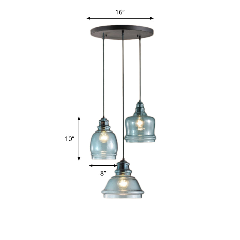 3 Lights Multi Pendant with Different Shade Blue Glass Modern Dining Room Hanging Light Fixture in Black, Round/Linear Canopy