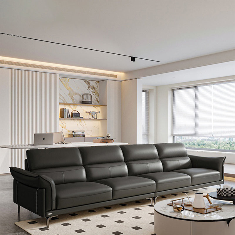 Modern Genuine Leather Sewn Pillow Back Flared Arm Sofa For Living Room
