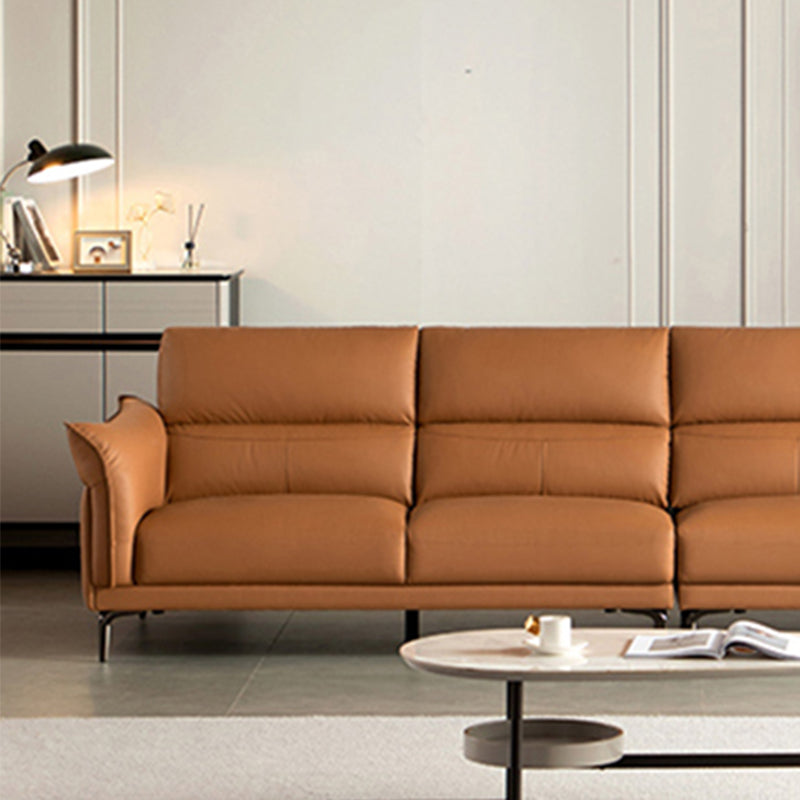Modern Genuine Leather Sewn Pillow Back Flared Arm Sofa For Living Room