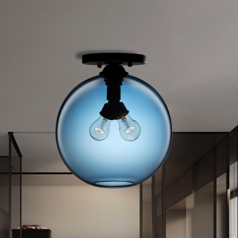 Globe Shade Semi Flush Salle à manger Rouge/Marron/Bleu Verre Style Industriel 1/2 Lumière Plafonnier Noir