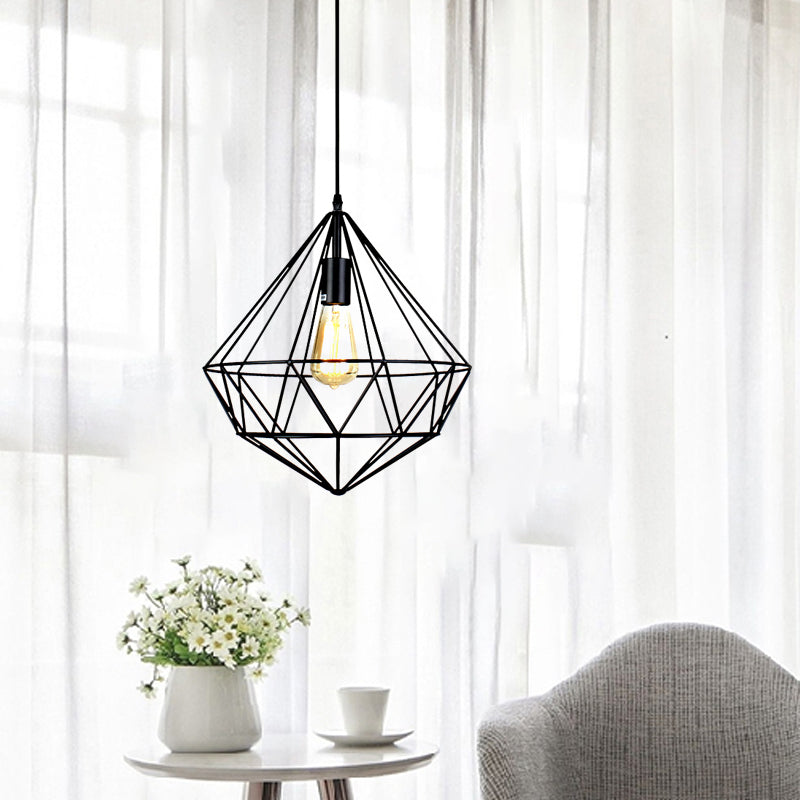 1 Bulb Ceiling Light Industrial Faceted Cage Metal Pendant Ceiling Light in Black for Living Room