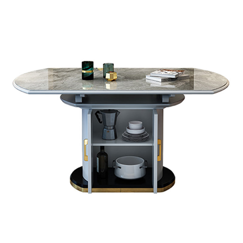 Modern Extendable Dining Table Grey Round Stone Tabletop with Storage