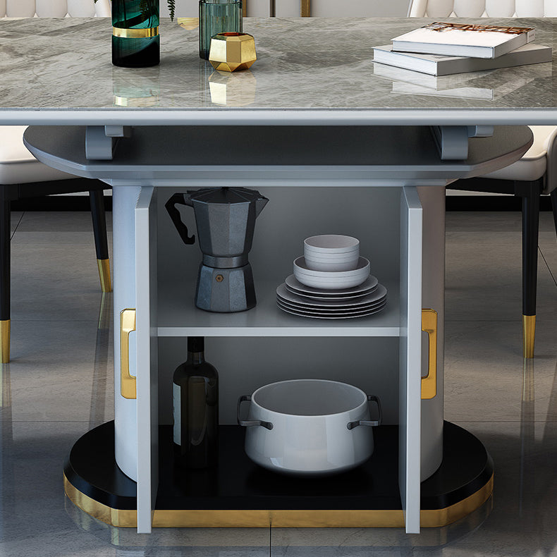 Modern Extendable Dining Table Grey Round Stone Tabletop with Storage