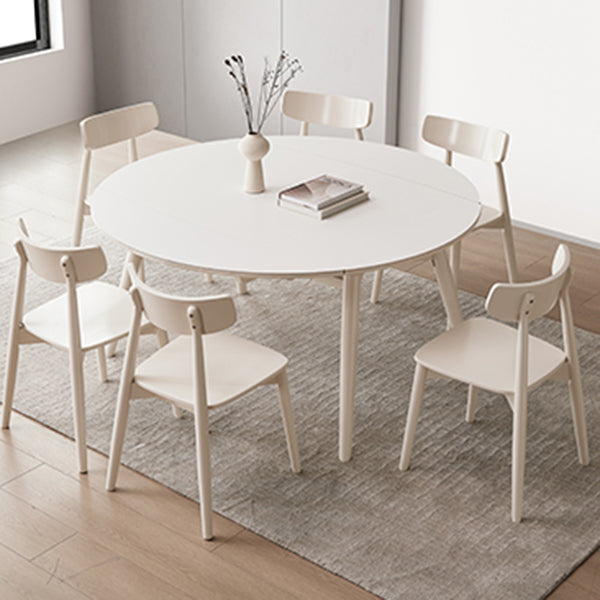 Round Extendable Dining Table Modern White Stone Tabletop with Double Drop Leaf
