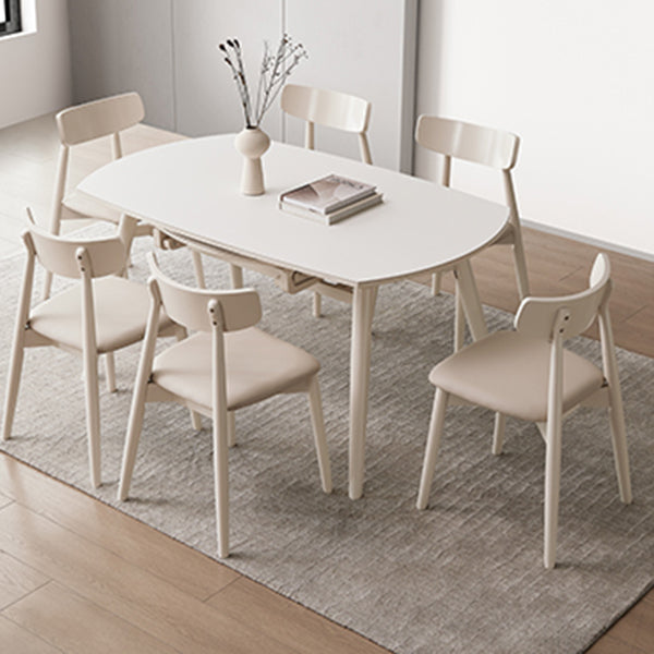 Round Extendable Dining Table Modern White Stone Tabletop with Double Drop Leaf