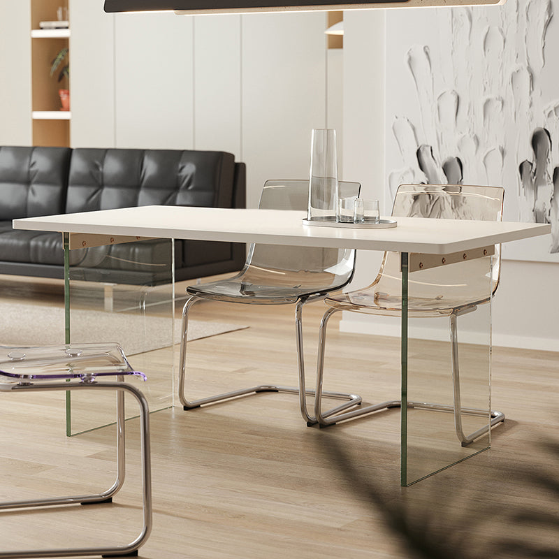 Rectangular Dining Table Modern Wood Tabletop with Acrylic Double Pedestal Base