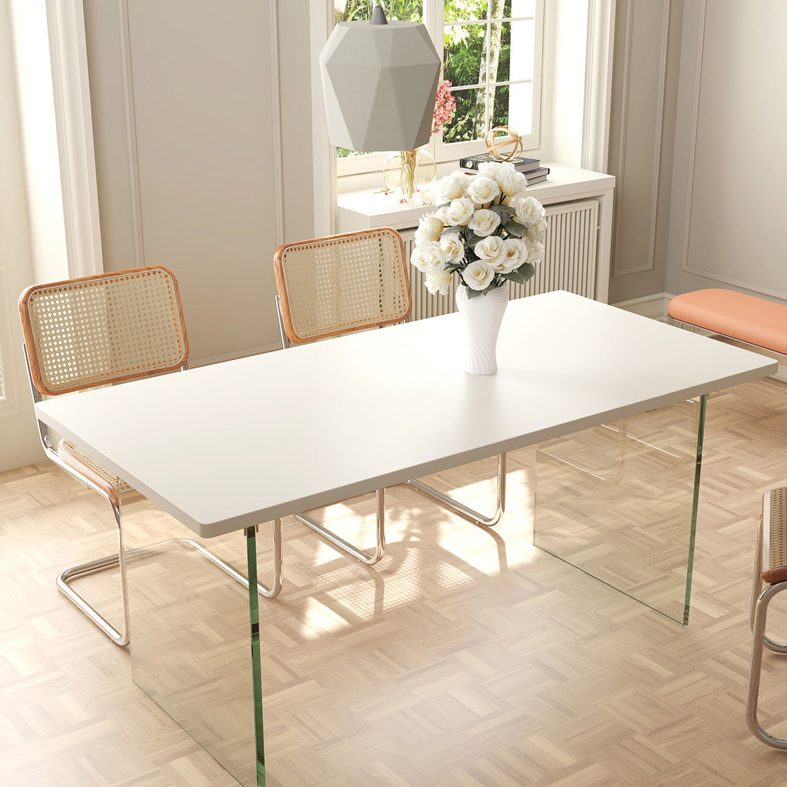 Rectangular Dining Table Modern Wood Tabletop with Acrylic Double Pedestal Base