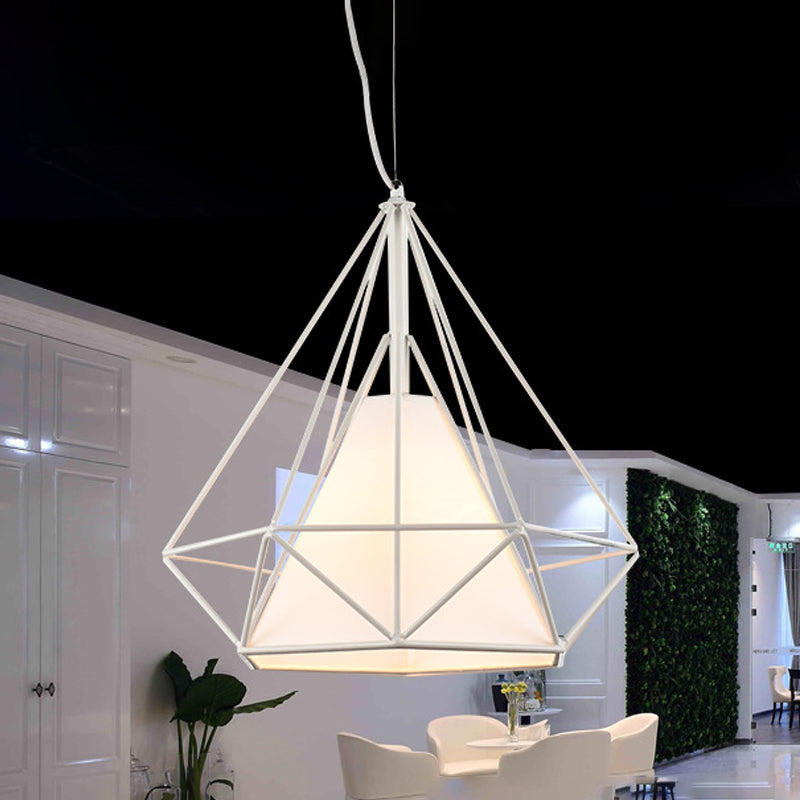 1 Head Wire Frame Hanging Pendant Light with Fabric Shade Loft White Metal Ceiling Lighting for Coffee Shop