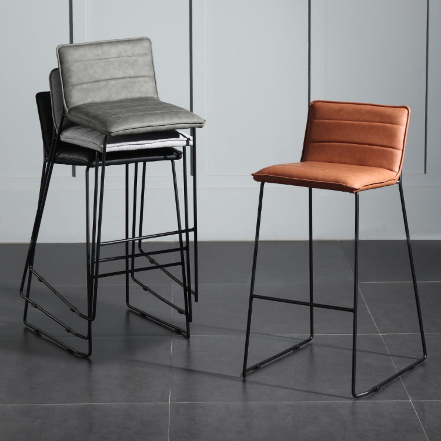 Contemporary Upholstered Armless Bar Stool with Black Metal Base