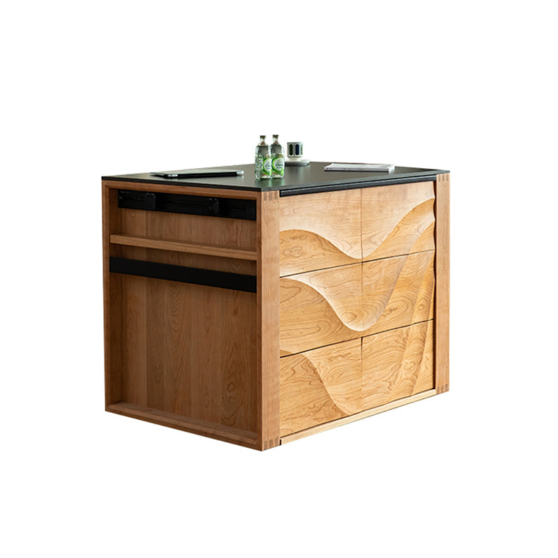 Black Stone Rectangular Kitchen Island Table with Solid Wood Storage Base