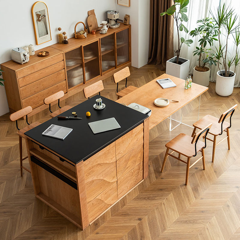 Black Stone Rectangular Kitchen Island Table with Solid Wood Storage Base