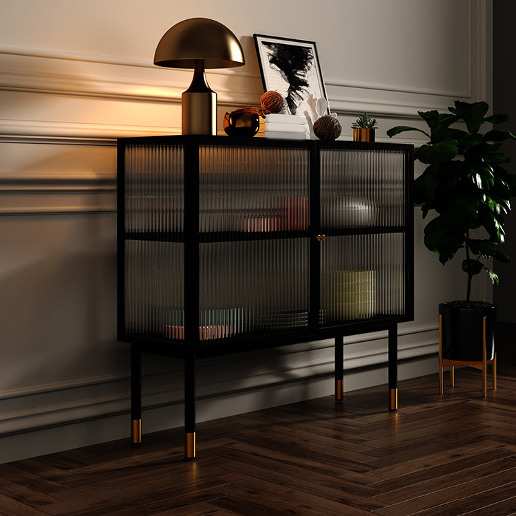 Glass Doors Black Sideboard Cabinet Glam Style 35.4" H Buffet Table