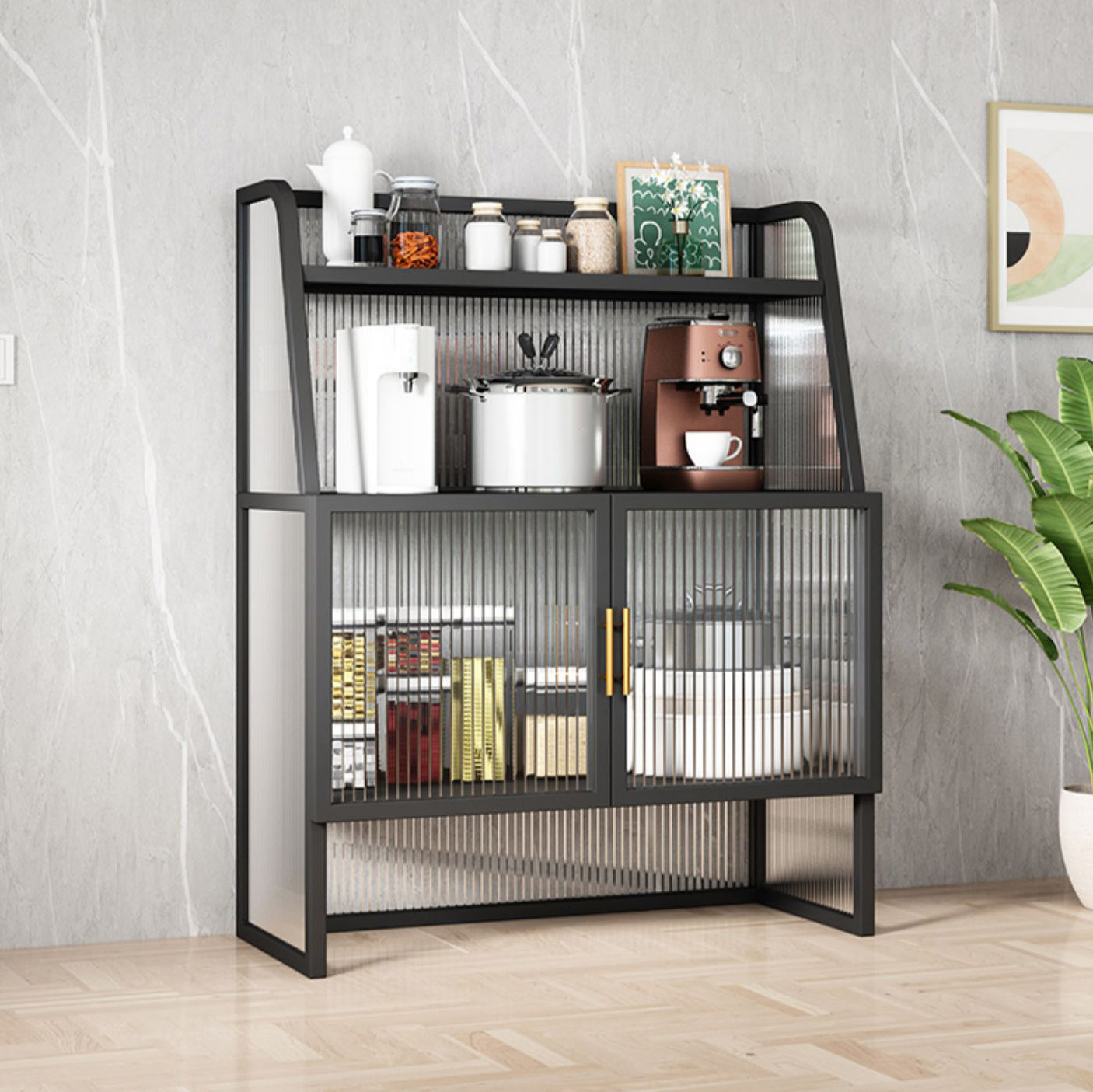 Glam Glass Doors Sideboard Cabinet Dining Room Metallic Credenza