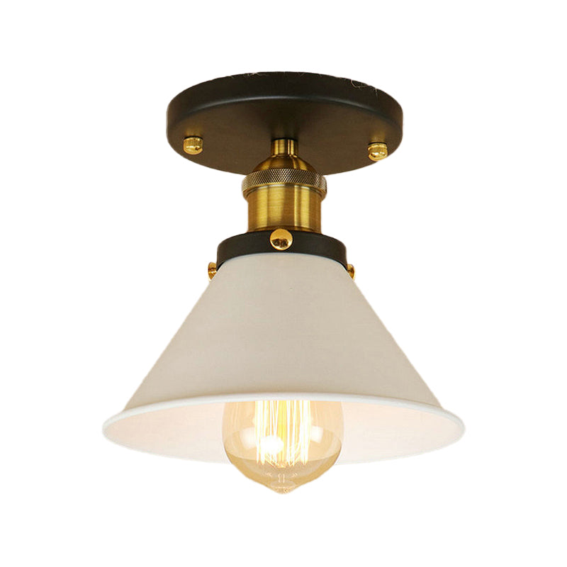 1 Bulb Semi-Flush Mount Vintage Industrial Conic Shade Metal Ceiling Light Fixture in White/Brass
