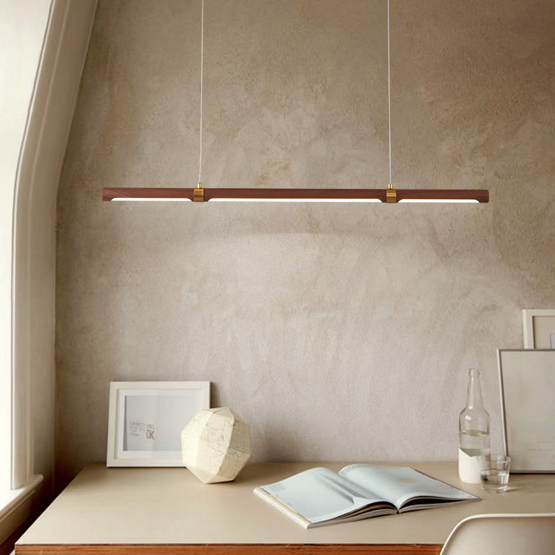 Single Modern Style Brown LED Wooden Linear Kitchen Island Light