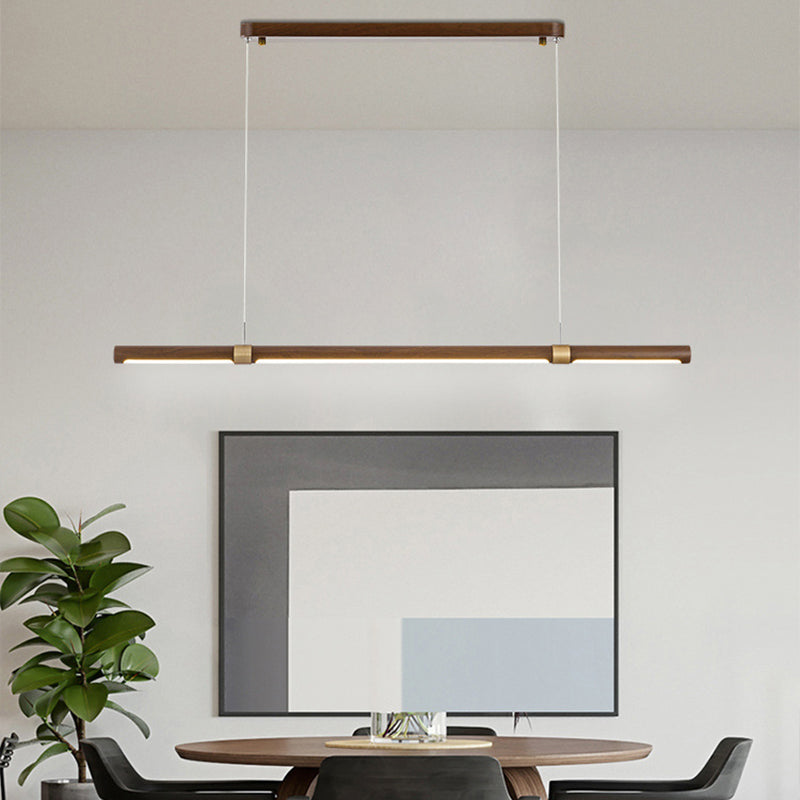Single Modern Style Brown LED Wooden Linear Kitchen Island Light