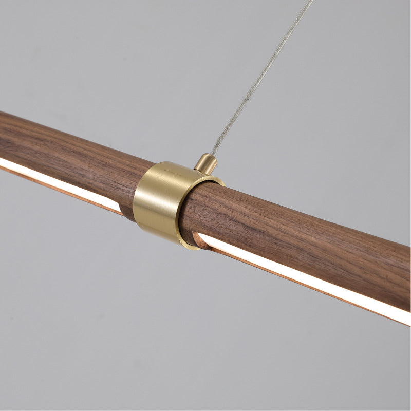 Single Modern Style Brown LED Wooden Linear Kitchen Island Light