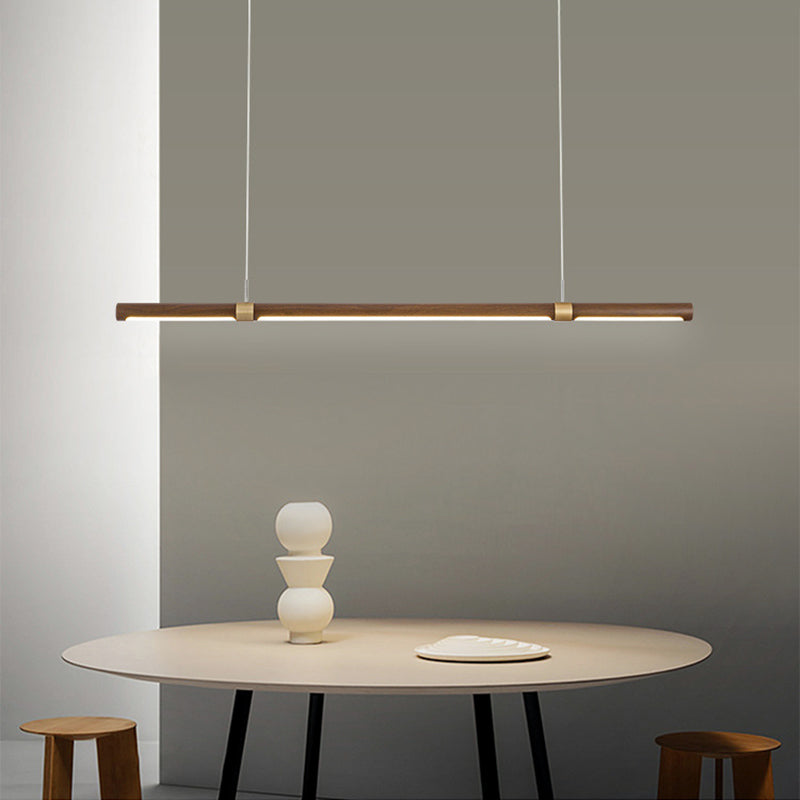 Single Modern Style Brown LED Wooden Linear Kitchen Island Light