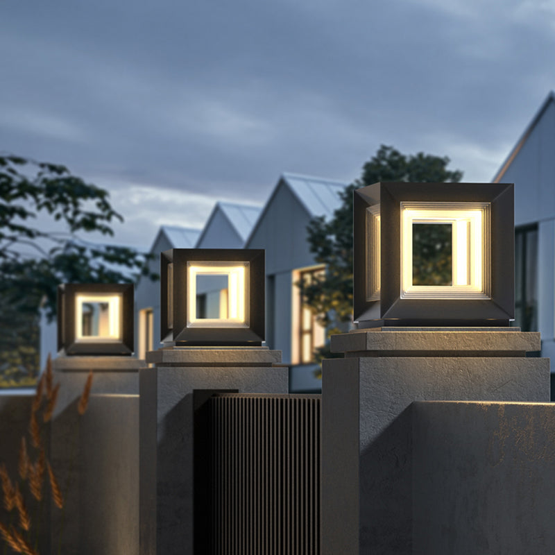 Square Contemporary Waterproof LED Pillar Light in Black for Courtyard