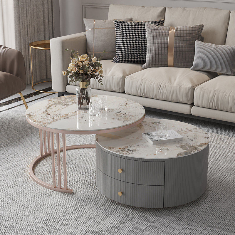 Drum Coffee Cocktail Table with 2 Storage Drawers Slate Top Round