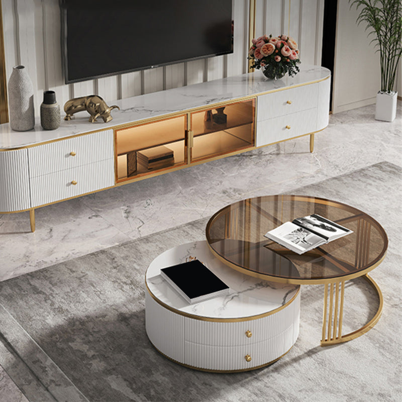 Slate/Glass Top Coffee Table with 2 Storage Drawers Modern Round