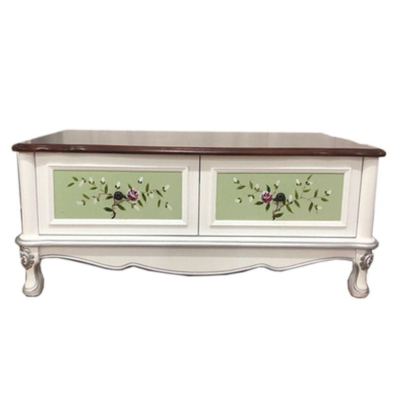 Wooden 4 Legs Coffee Table with Storage Drawers French Country Rectangle