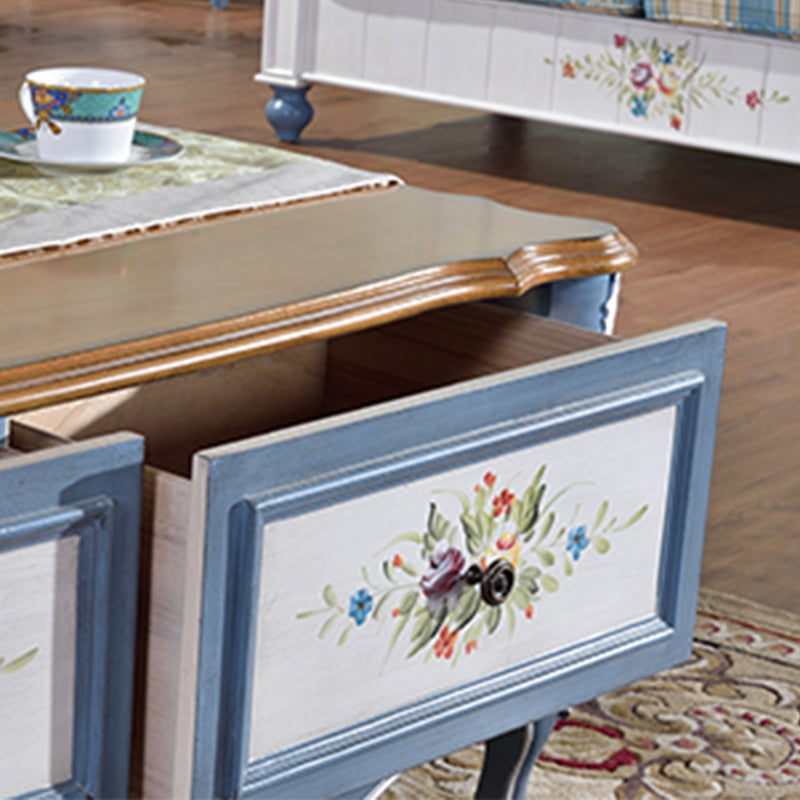 Wooden 4 Legs Coffee Table with Storage Drawers French Country Rectangle