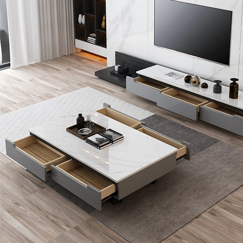 Marble Top Abstract Coffee Table with Storage Contemporary White