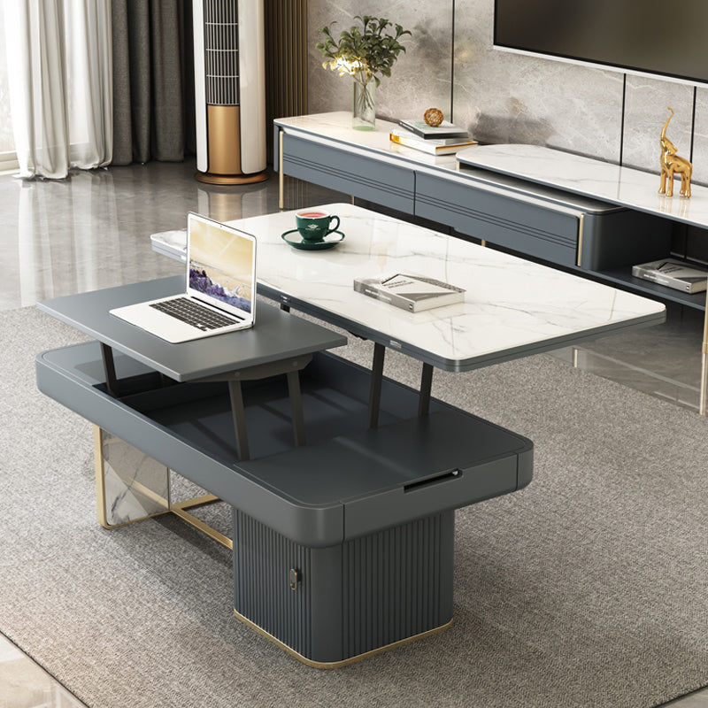 Rectangular Slate Top Coffee Table Abstract Base Cocktail Table with Storage