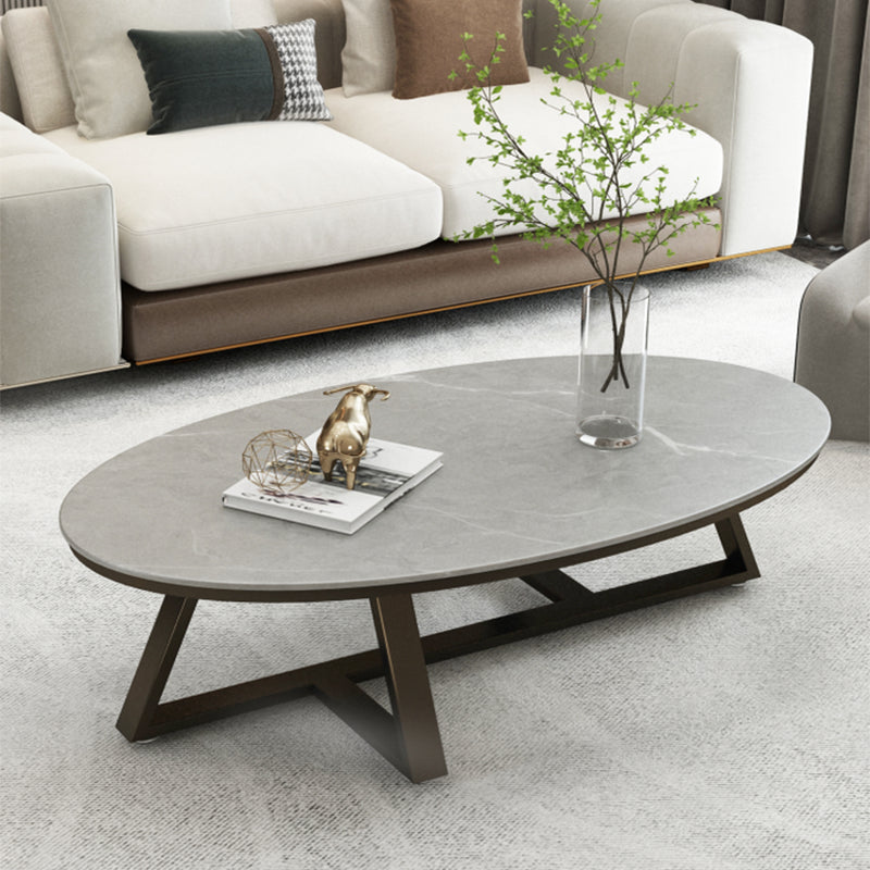 Glam Iron Cross Legs Cocktail Table Oval Slate Top Coffee Table