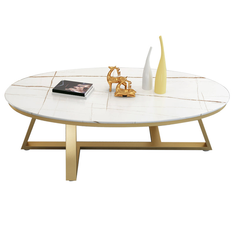Glam Iron Cross Legs Cocktail Table Oval Slate Top Coffee Table