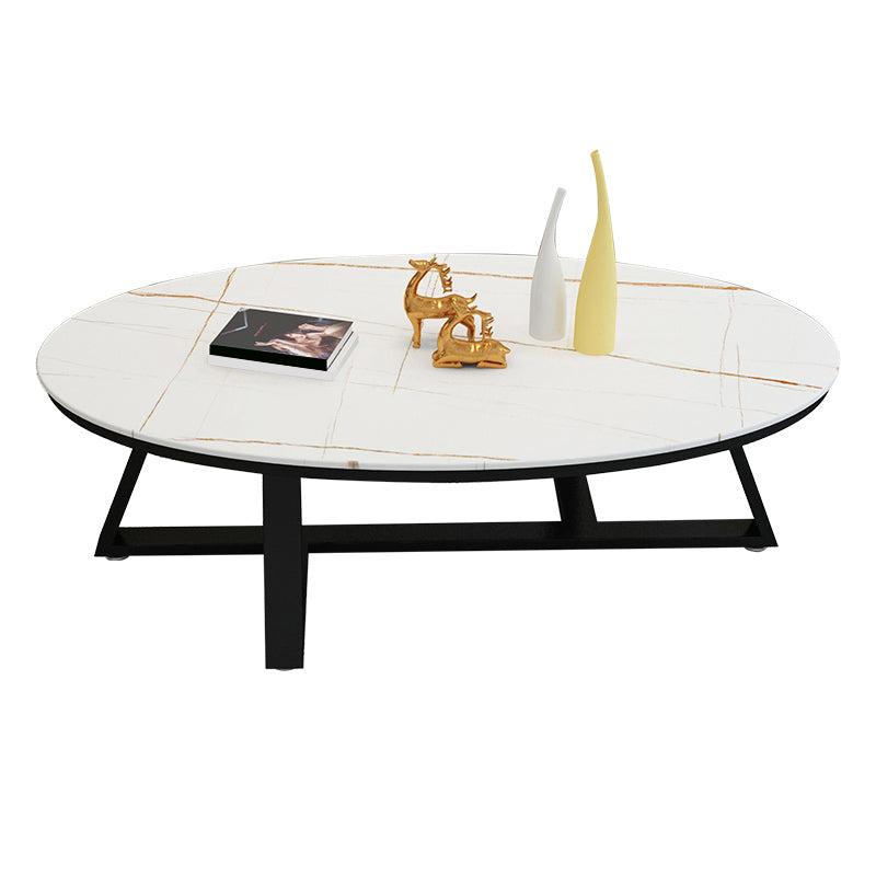Glam Iron Cross Legs Cocktail Table Oval Slate Top Coffee Table