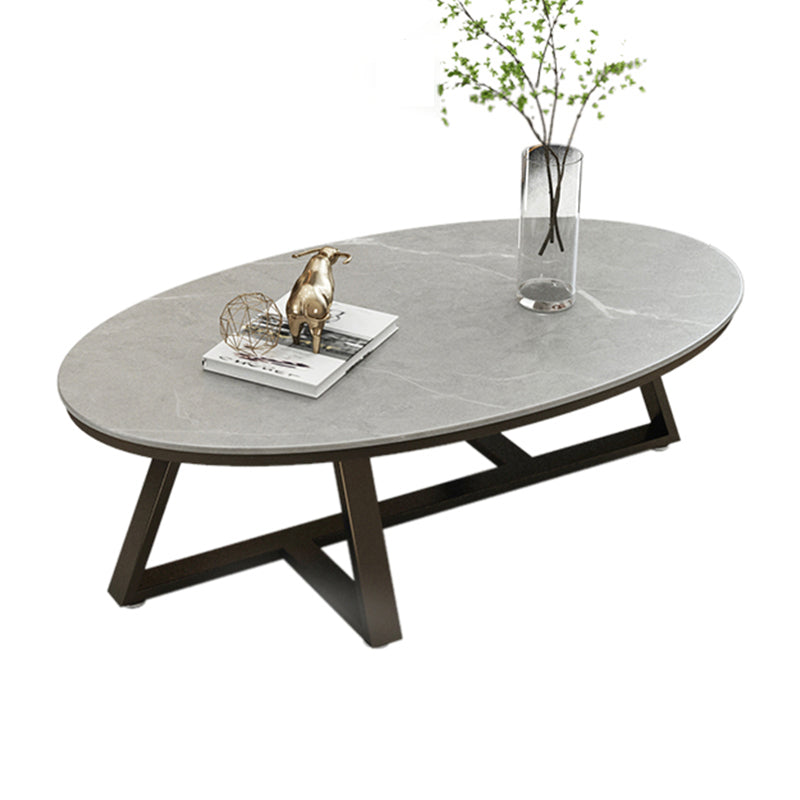 Glam Iron Cross Legs Cocktail Table Oval Slate Top Coffee Table