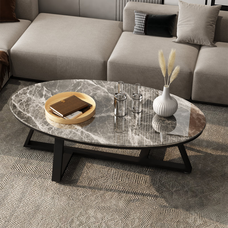Glam Iron Cross Legs Cocktail Table Oval Slate Top Coffee Table