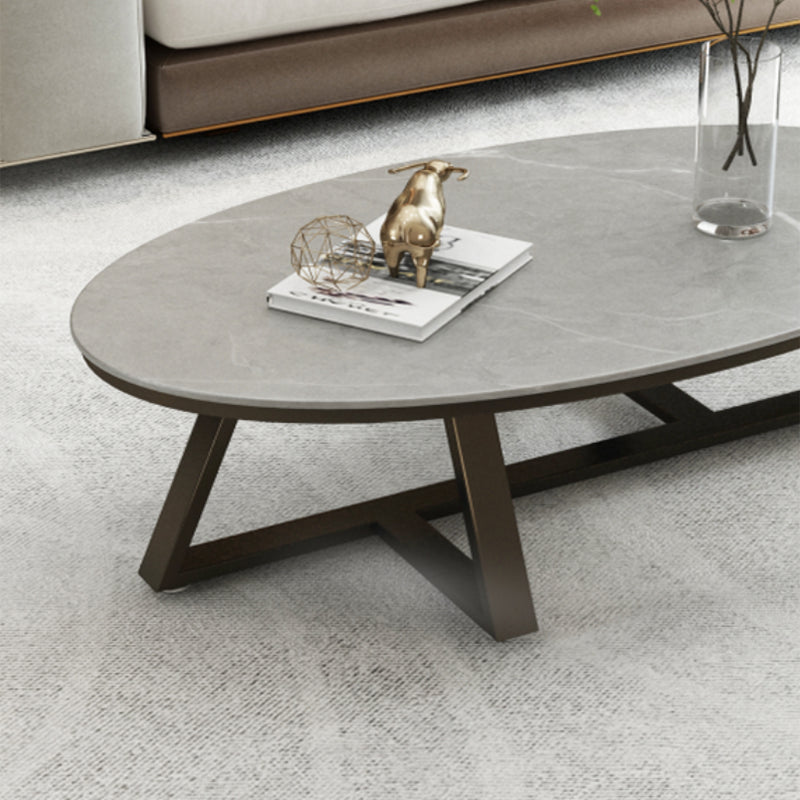 Glam Iron Cross Legs Cocktail Table Oval Slate Top Coffee Table