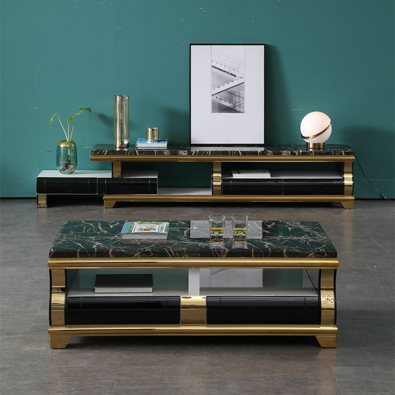Marble Coffee or End Table with Storage Drawers Rectangle Block