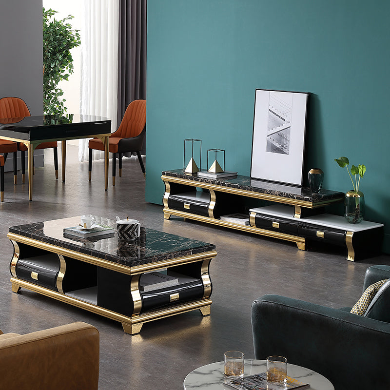 Marble Top Coffee or End Table with Storage Drawers Rectangle 4 Legs