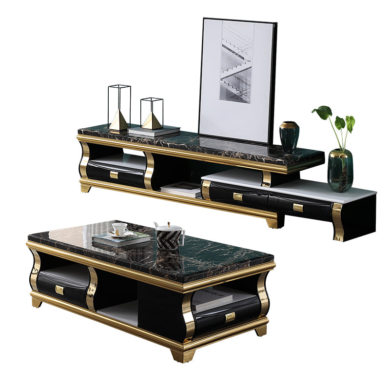 Marble Top Coffee or End Table with Storage Drawers Rectangle 4 Legs