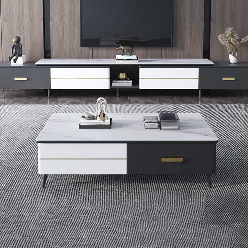 4 Legs Coffee Cocktail Table with Storage Drawers Slate Top Modern