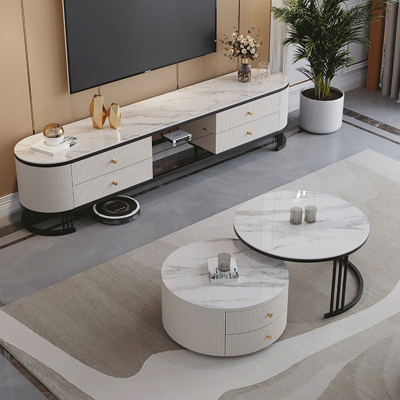 Frame Coffee Cocktail Table with Storage Drawers Round Slate Top