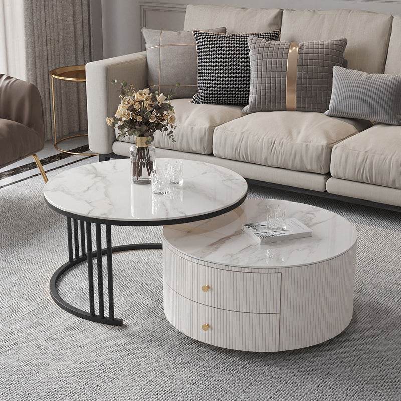 Frame Coffee Cocktail Table with Storage Drawers Round Slate Top
