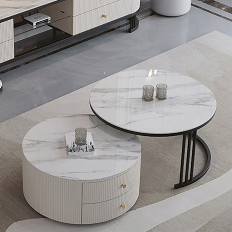 Frame Coffee Cocktail Table with Storage Drawers Round Slate Top