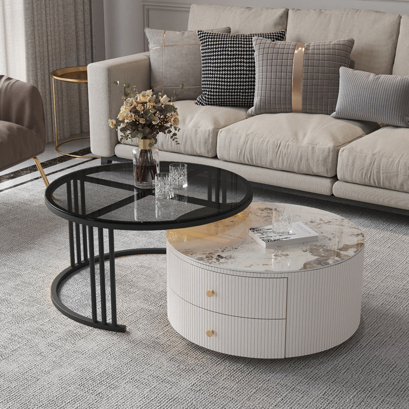 Frame Coffee Cocktail Table with Storage Drawers Round Slate Top