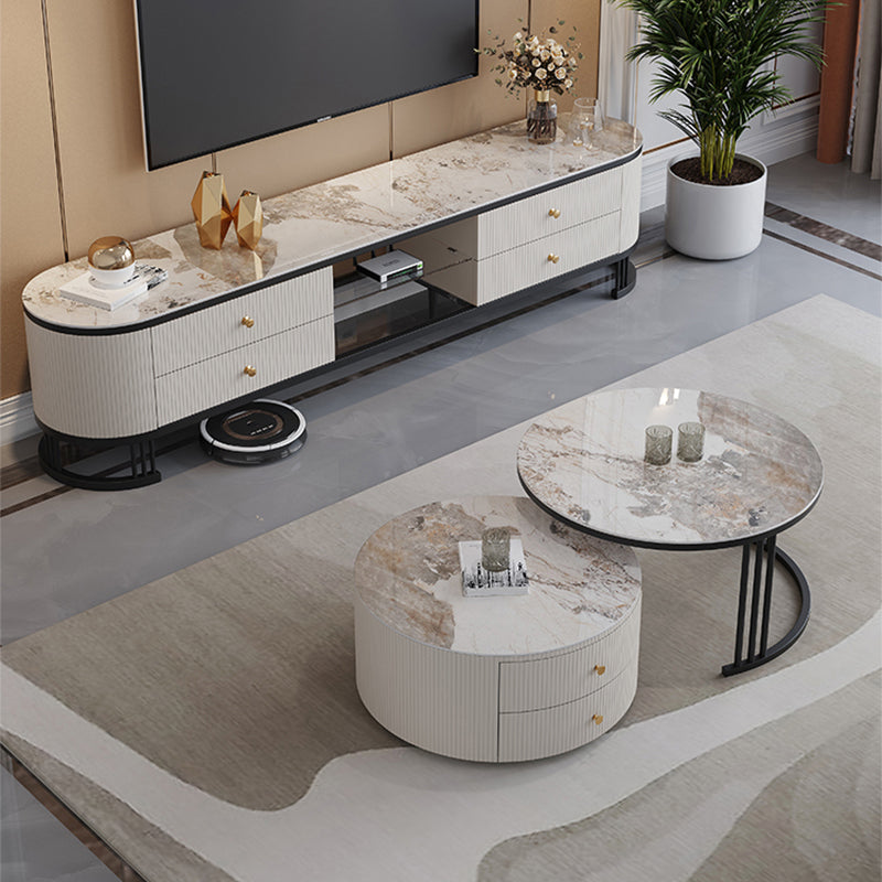 Frame Coffee Cocktail Table with Storage Drawers Round Slate Top