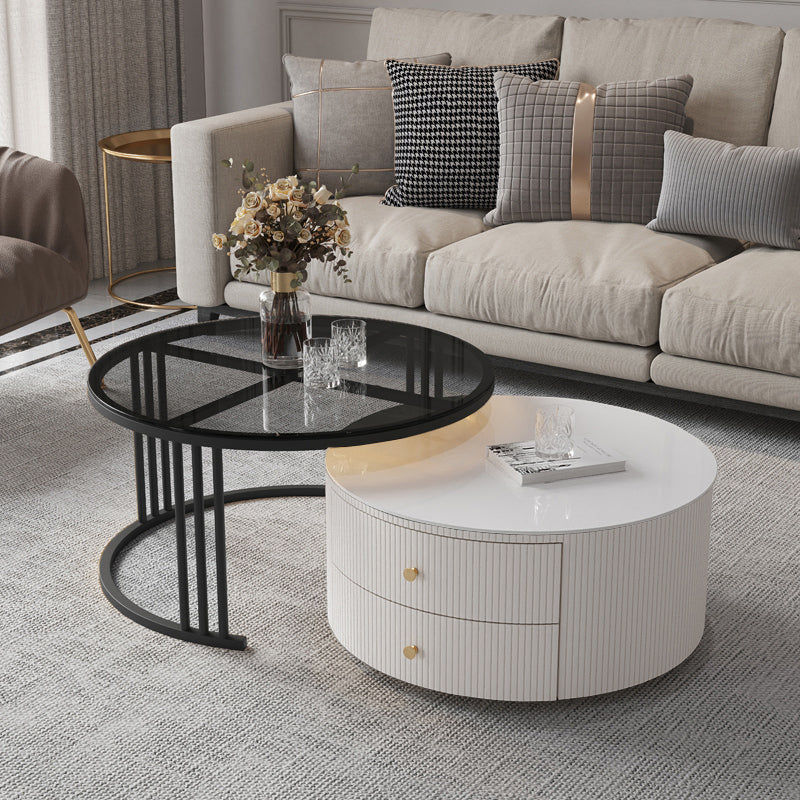 Frame Coffee Cocktail Table with Storage Drawers Round Slate Top