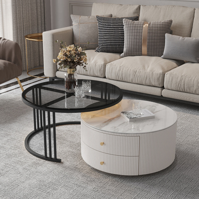 Frame Coffee Cocktail Table with Storage Drawers Round Slate Top