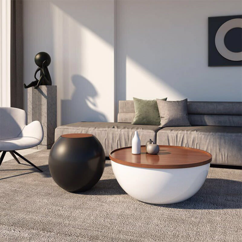 Abstract Coffee Cocktail Table with Trunk Storage Modern Round Glass Top