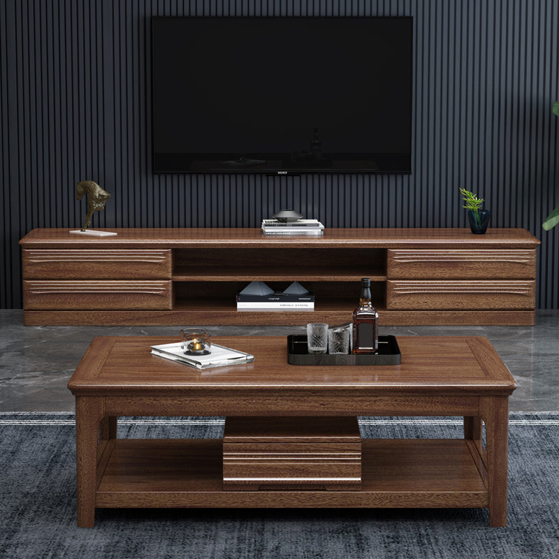 Solid Wood Coffee Table with Storage Drawers and 4 Legs Brown