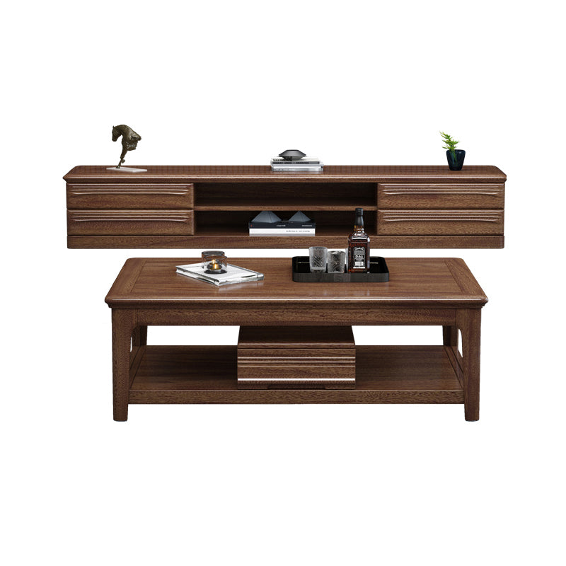 Solid Wood Coffee Table with Storage Drawers and 4 Legs Brown